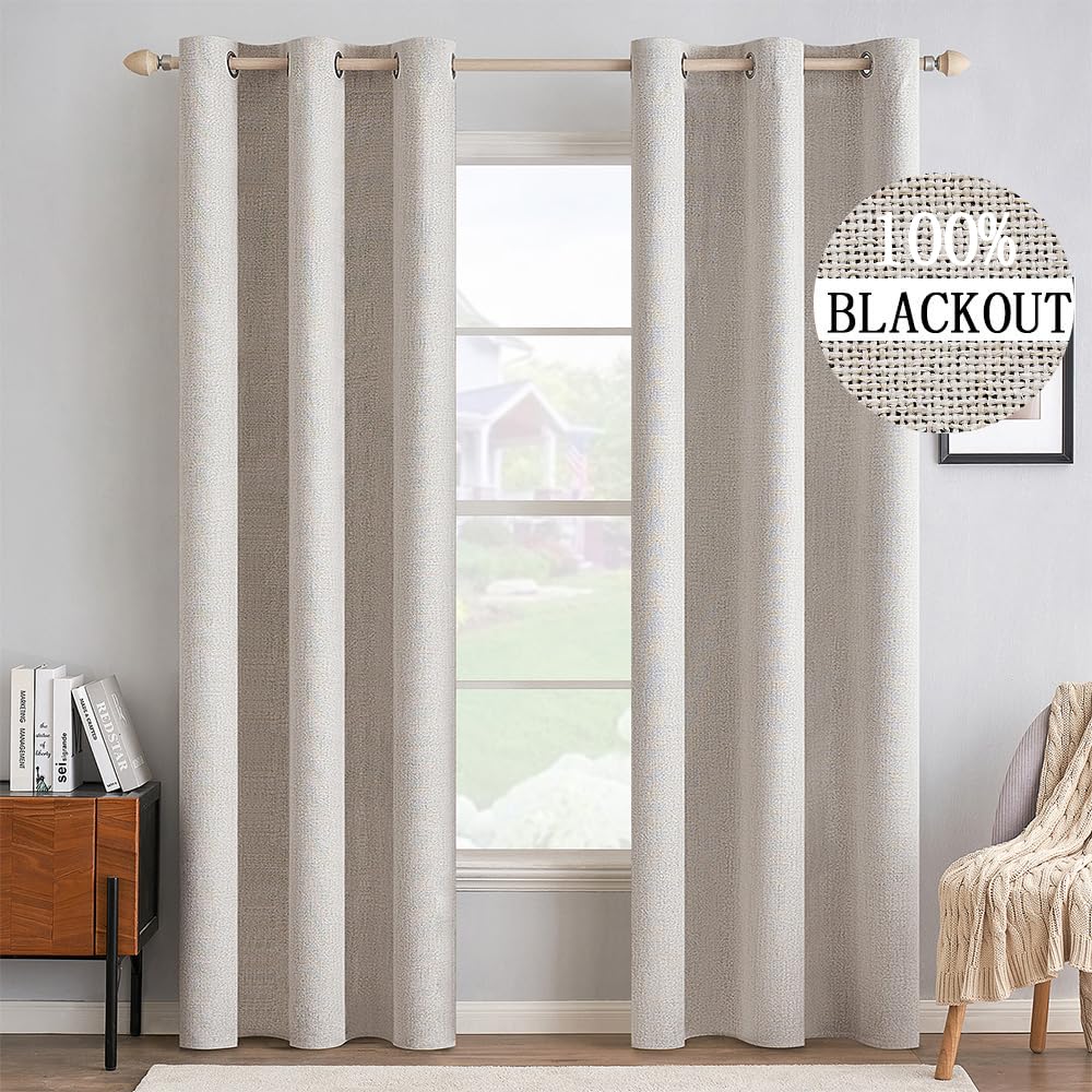 MIULEE 100% Blackout Linen Curtains for Bedroom 52x84 Inches Dusty Blue