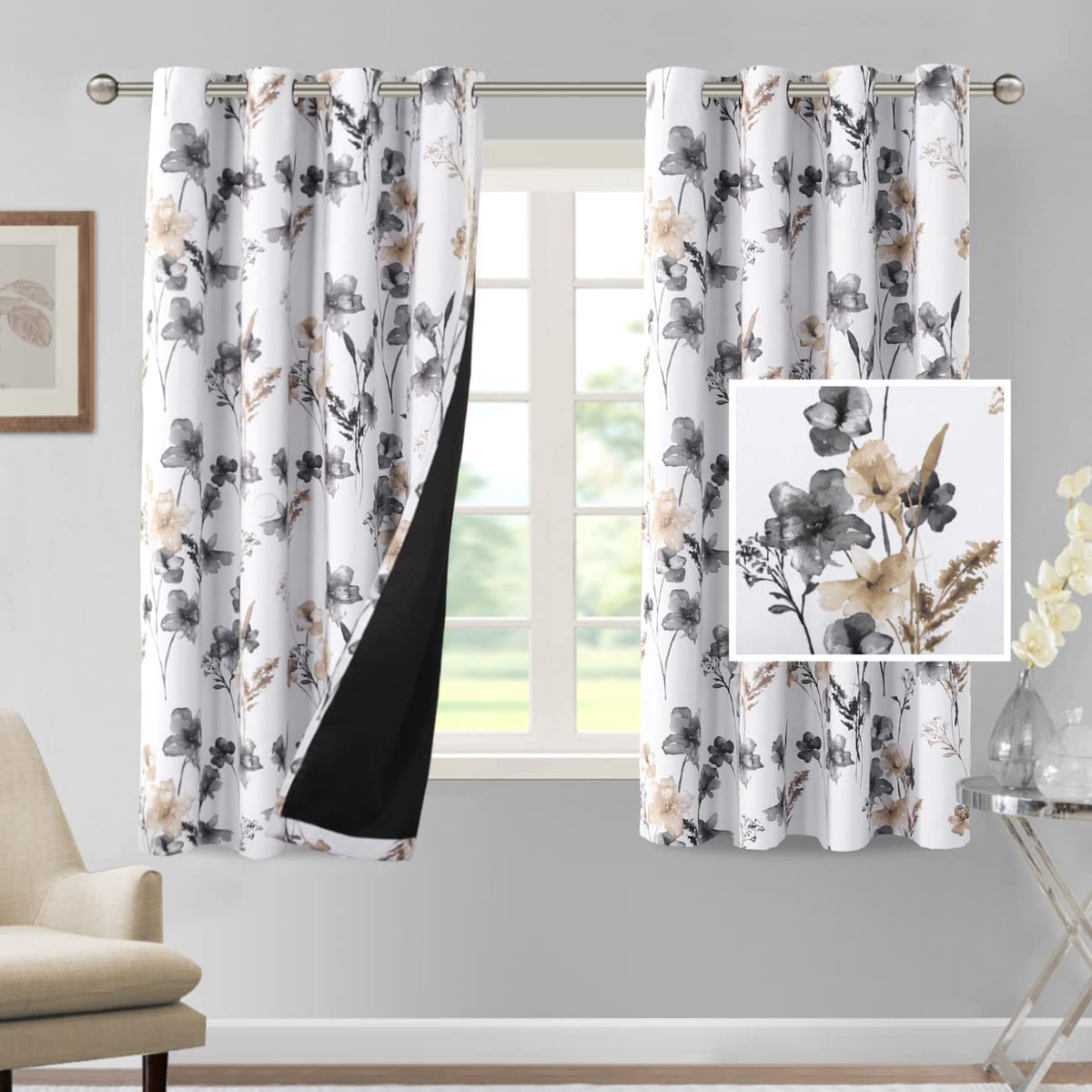 H.VERSAILTEX 100% Blackout Curtains 84 inch Length 2 Panels Set Cattleya Floral Printed Drapes Leah Floral Thermal Curtains for Bedroom with Black Liner Sound Proof Curtains, Grey and Taupe