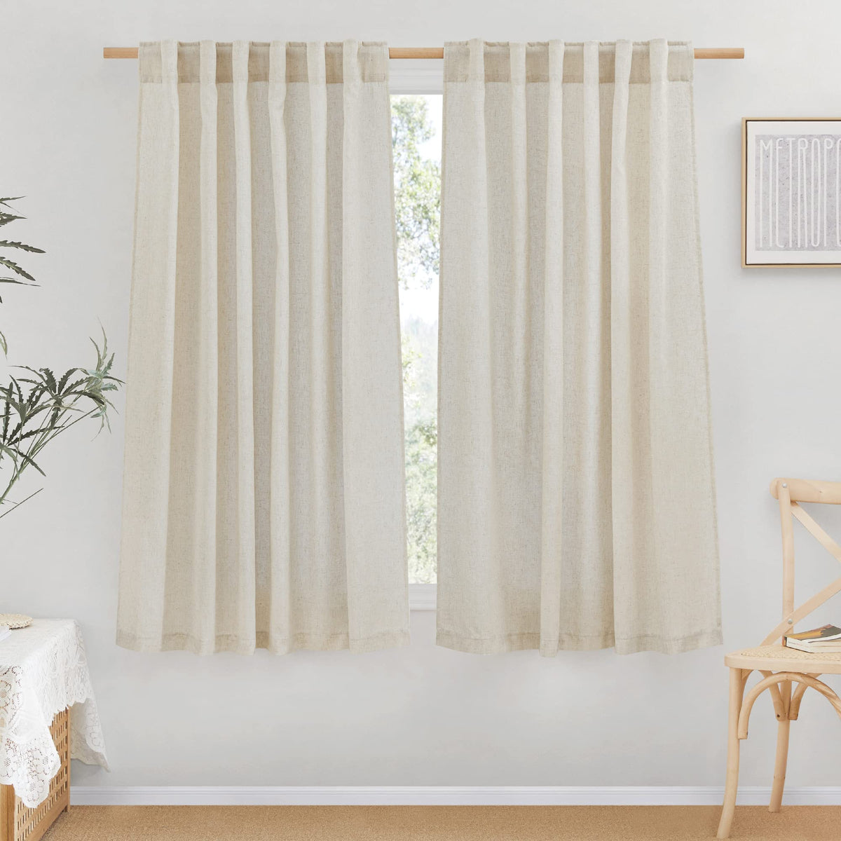 NICETOWN Flax Sheer Linen Curtains for Living Room 95 inch Long 2 Panels, Rod Pocket & Back Tab Semi Sheer Drapes Privacy Added with Light Filtering for Bedroom/Living Room, Natural, W55 x L95