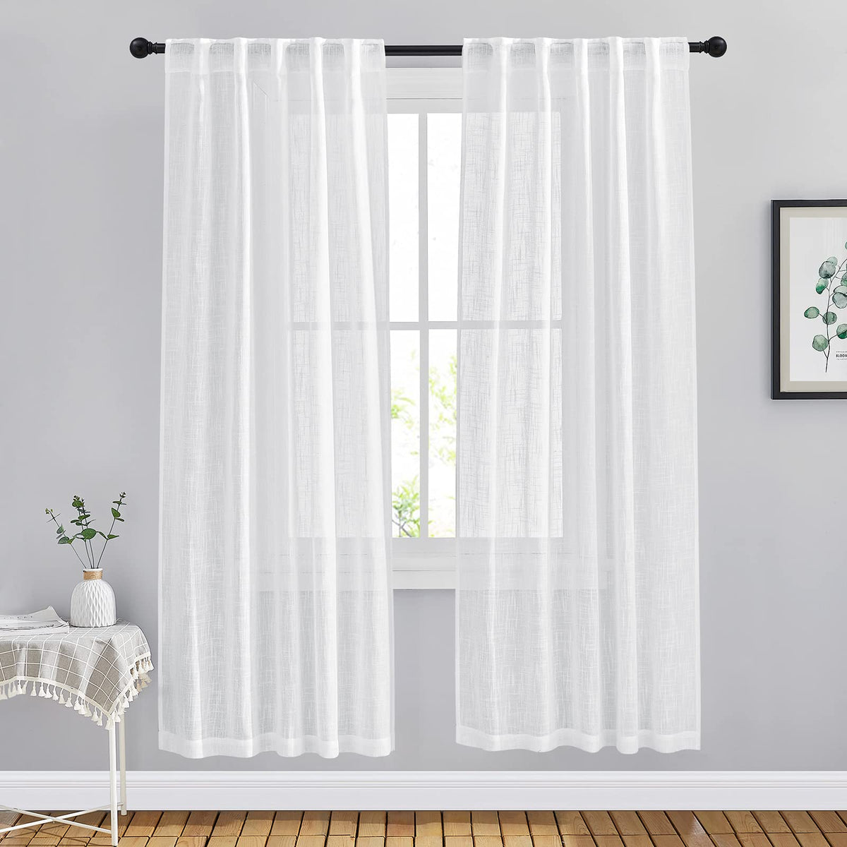 NICETOWN White Linen Sheer Curtains and Drapes 84 inches Long, Rod Pocket & Back Tab semitransparent with Light Through Vertical Window Treatments for Sliding Glass Door & Living Room, 52"W, Set of 2