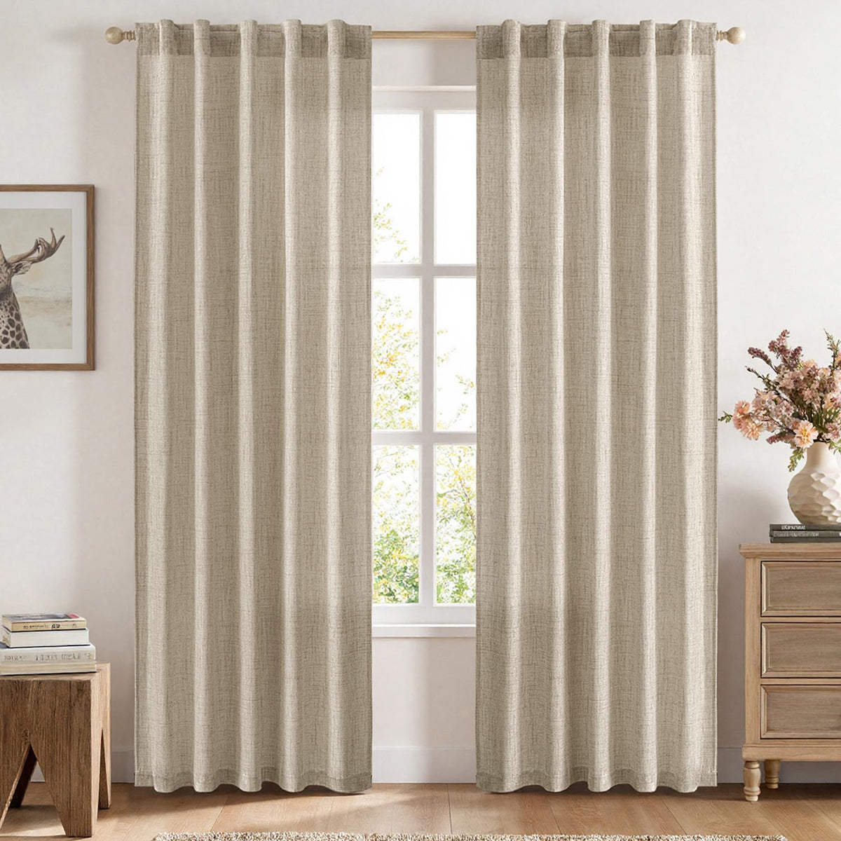 MIULEE Faux Linen Curtains 90 Inch Length 2 Panels Natural Semi Sheer Curtain with Back Tab Rod Pocket, Light Filtering Window Privacy Burlap Drapes for Living Room Bedroom 42W x 90L Linen