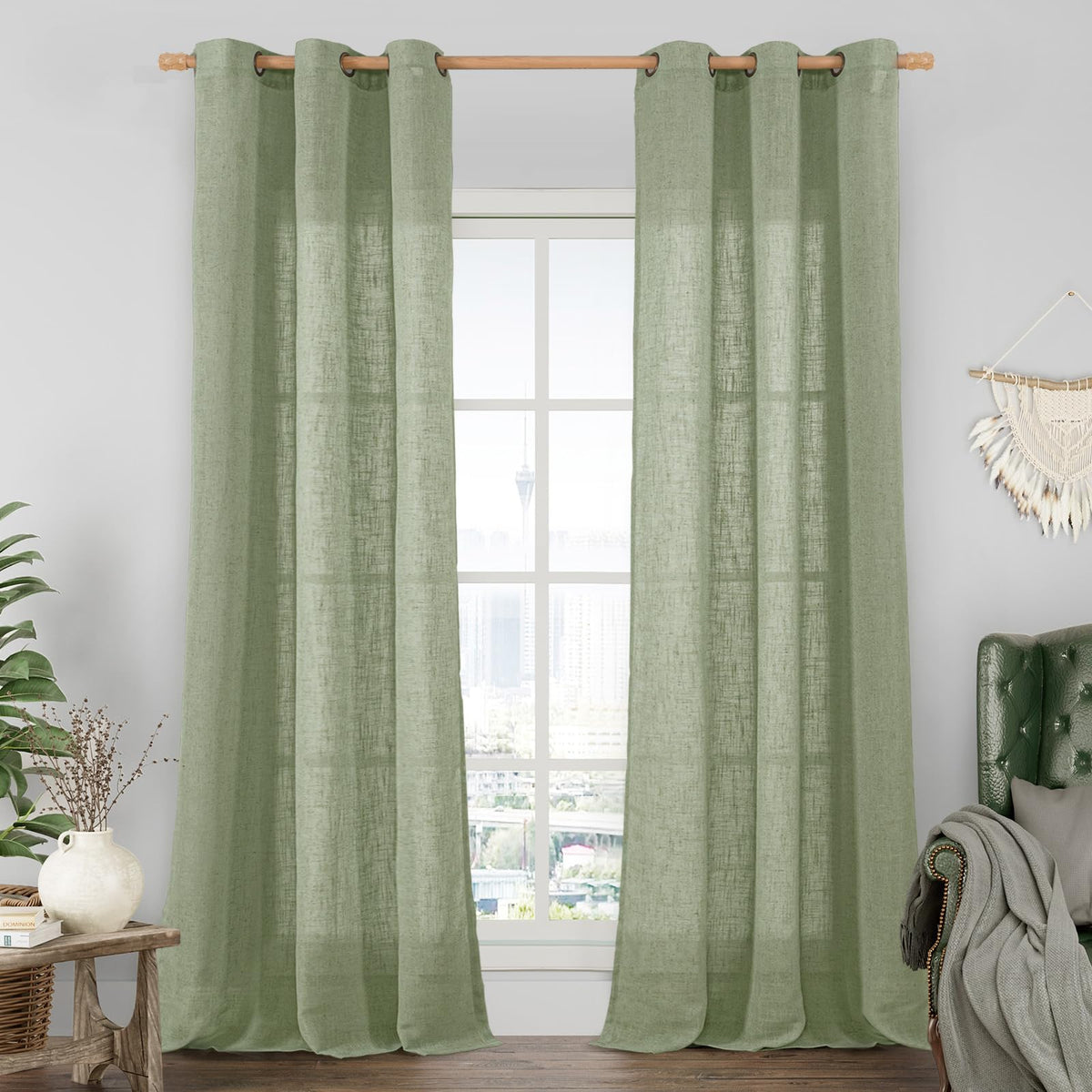 LAMIT Cream Ivory Linen Semi Sheer Curtains 84 inch Length for Bedroom