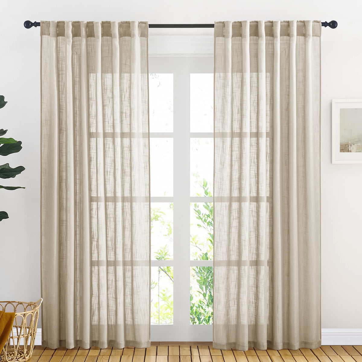 NICETOWN White Linen Sheer Curtains and Drapes 84 inches Long, Rod Pocket & Back Tab semitransparent with Light Through Vertical Window Treatments for Sliding Glass Door & Living Room, 52"W, Set of 2