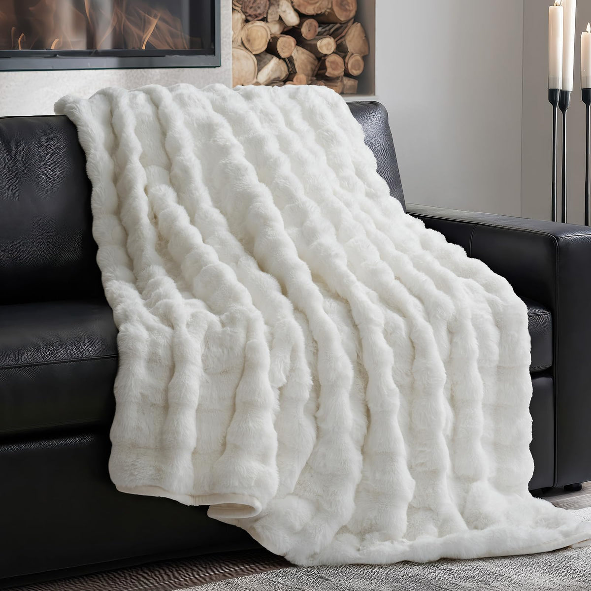 EverGrace Faux Rabbit Fur Bubble Throw Blanket, 60"x80", Ivory White
