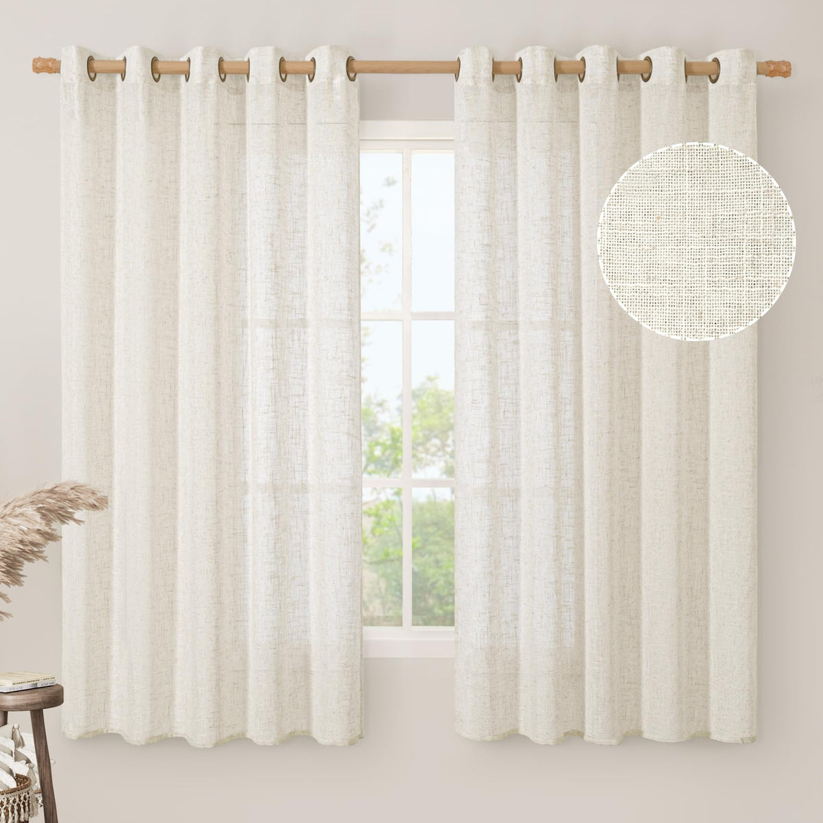 LAMIT Cream Ivory Linen Semi Sheer Curtains 84 inch Length for Bedroom