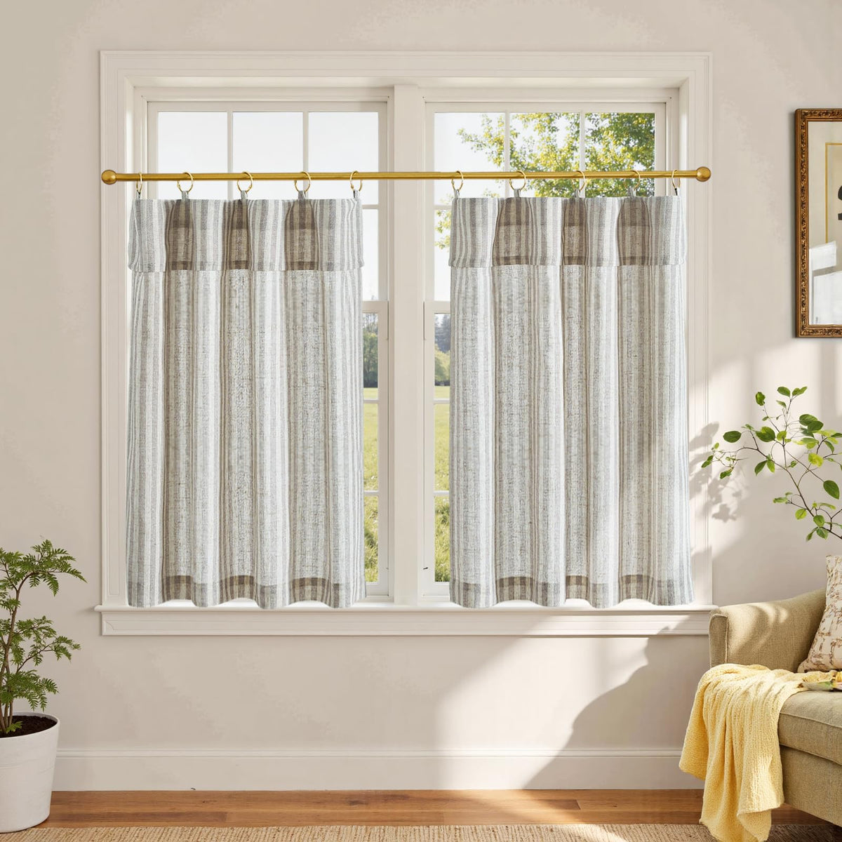 jinchan Striped Linen Kitchen Curtains 36 Inches Length Tier Curtains Farmhouse Modern Cafe Style Small Window Treatments Airy Light Filtering Rod Pocket for Living Room Bathroom 2 Panels Sage Green