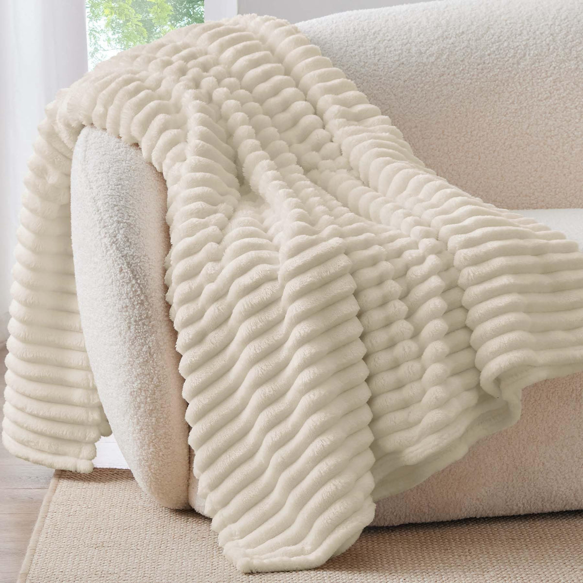 BEDELITE Ribbed Fleece Throw Blanket for Couch, Cream, 50"x60"