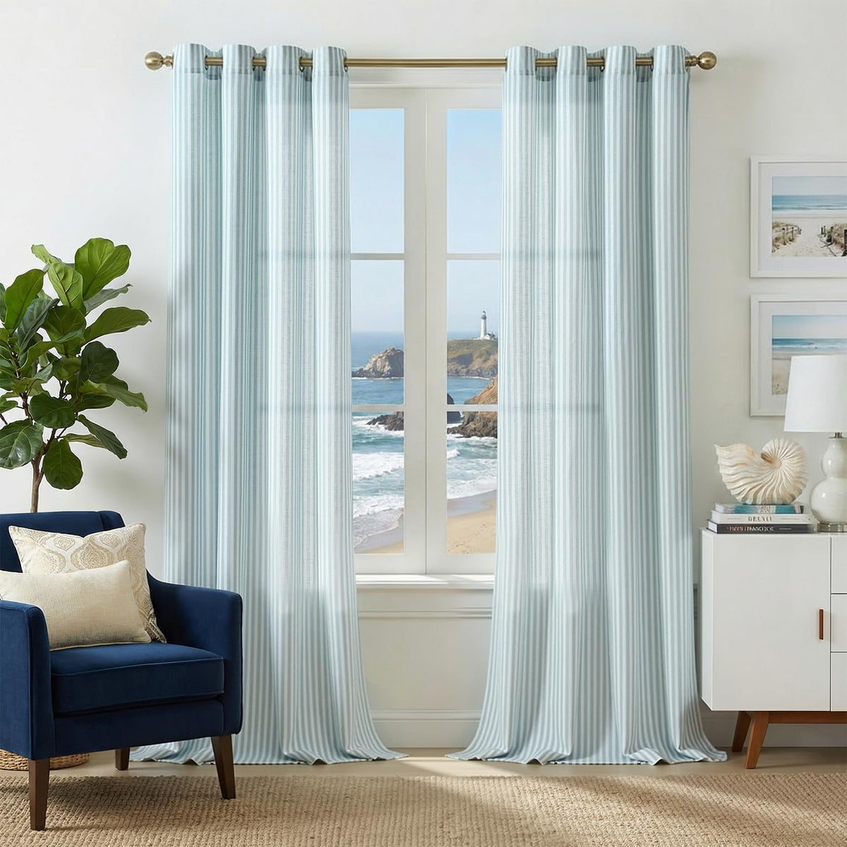 jinchan Linen Curtains 84 Inch Taupe Grey Stripe on Beige Grommet 2 Panels