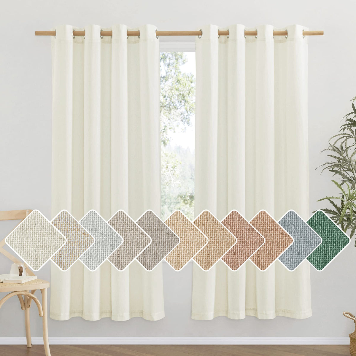 NICETOWN Natural Linen Curtains 84 inch Long 2 Panels Set, Grommet Top Thick Linen Burlap Semi Sheer Vertical Drapes Privacy Assured with Light Filtering for Bedroom/Living Room, W55 x L84