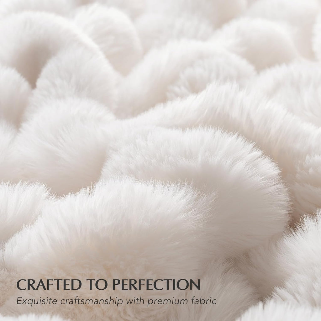EverGrace Faux Rabbit Fur Bubble Throw Blanket, 60"x80", Ivory White