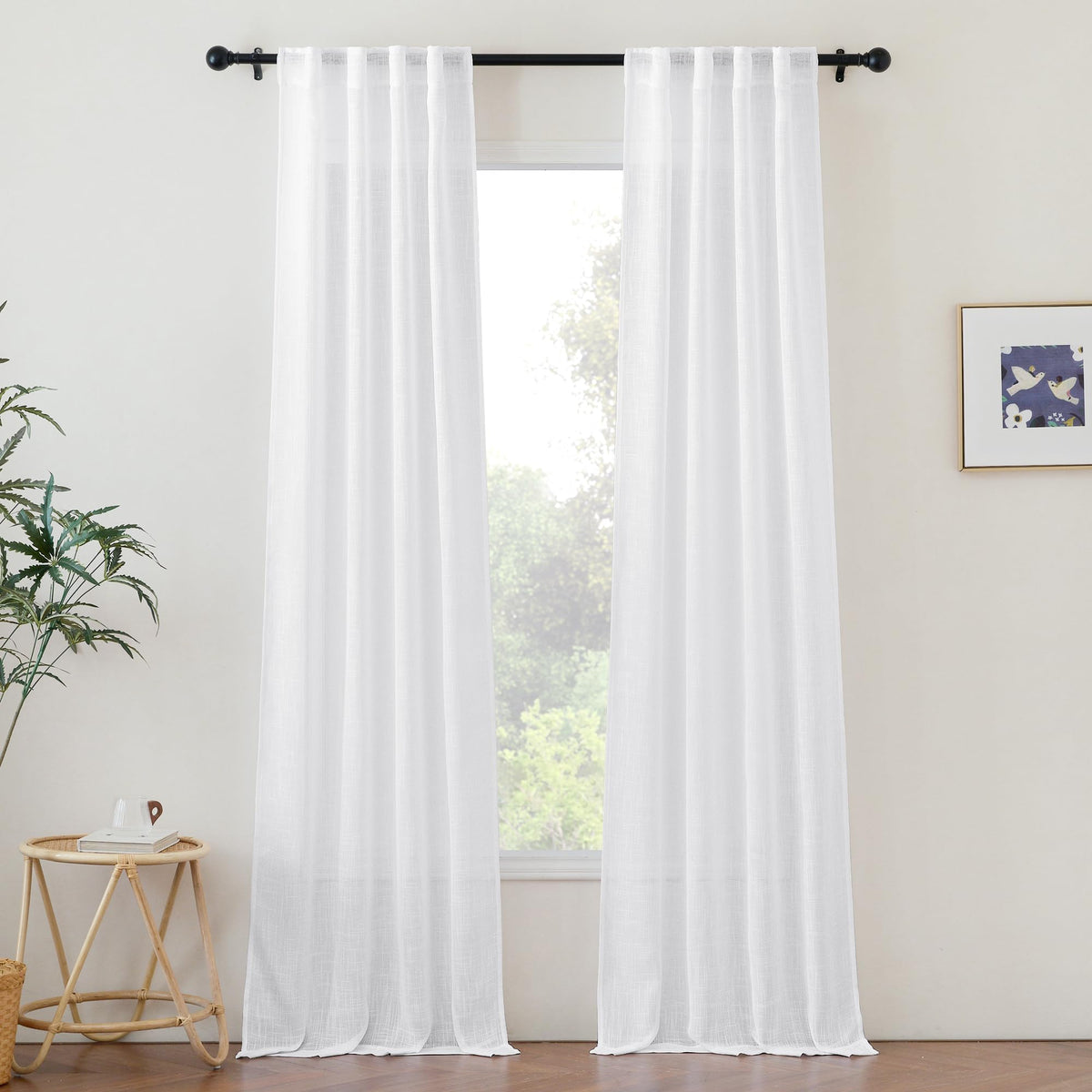 NICETOWN White Linen Sheer Curtains and Drapes 84 inches Long, Rod Pocket & Back Tab semitransparent with Light Through Vertical Window Treatments for Sliding Glass Door & Living Room, 52"W, Set of 2