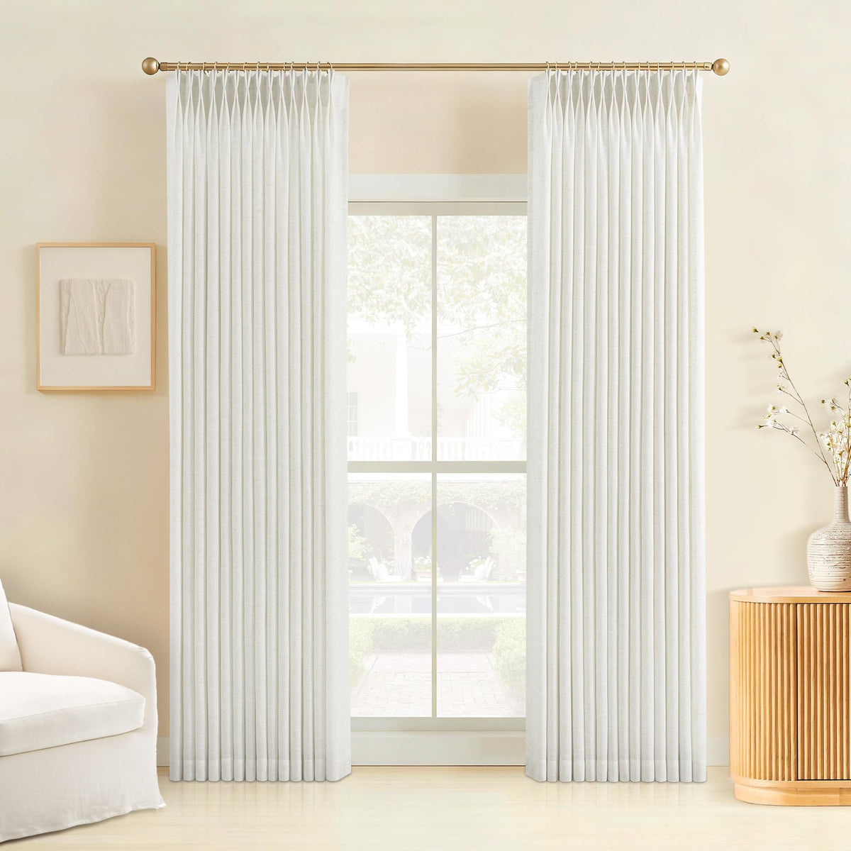 Liz Sheer Pinch Pleated Linen Curtains 90 Inches Long - Light Filtering Pleat Curtains for Living Room,Window Curtains for Bedroom, Luxury Pinch Pleated Drapes with Hooks, Natural, 2 Panels Set