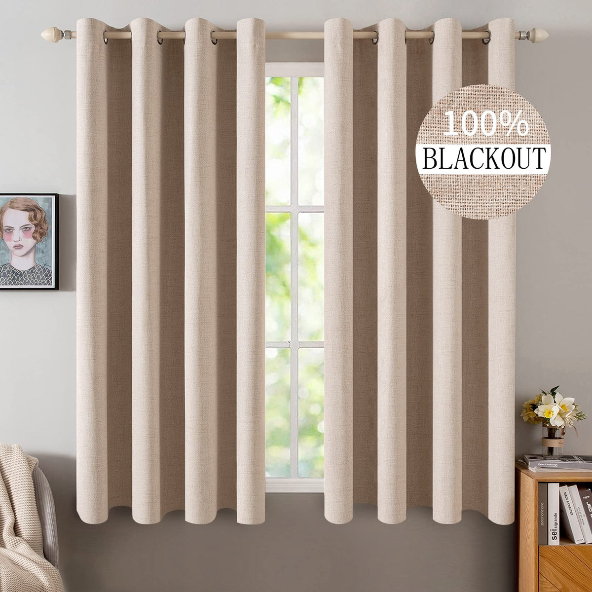 MIULEE 100% Blackout Linen Curtains for Bedroom 52x84 Inches Dusty Blue