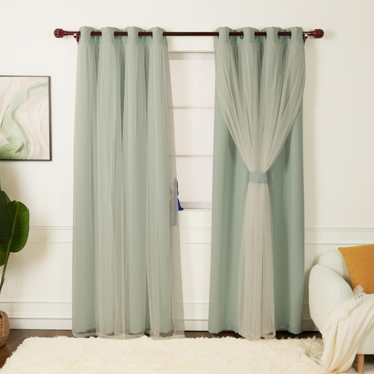 INLINAS Blackout Curtains with Sheer Overlay, Beige, 52x84 Inches