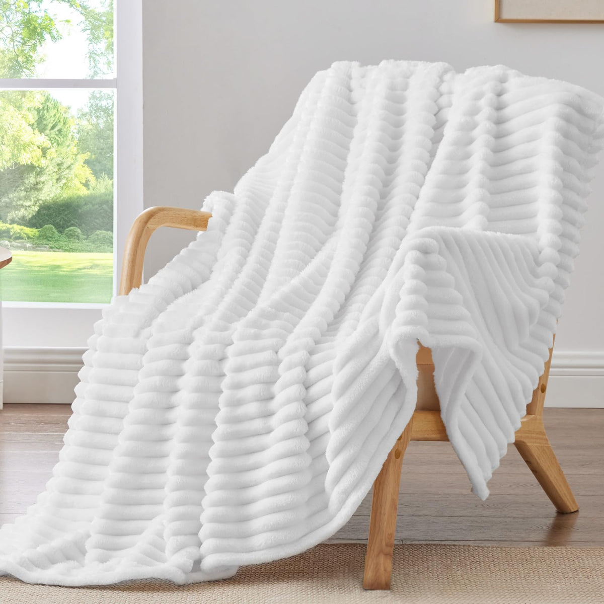 BEDELITE Ribbed Fleece Throw Blanket for Couch, Cream, 50"x60"