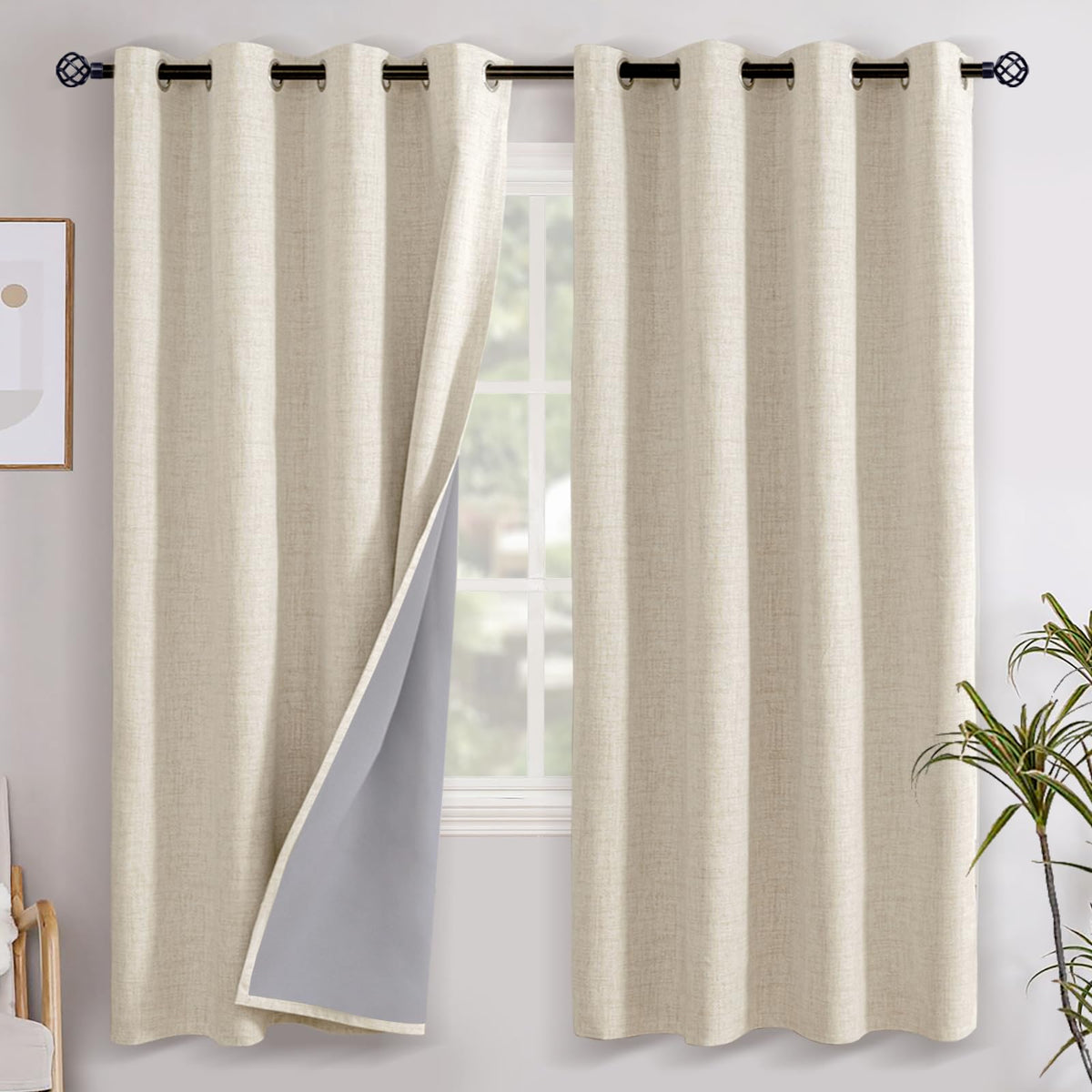 YoungsTex Linen Blackout Curtains 63 Inch Length Bedroom Beige Darkening