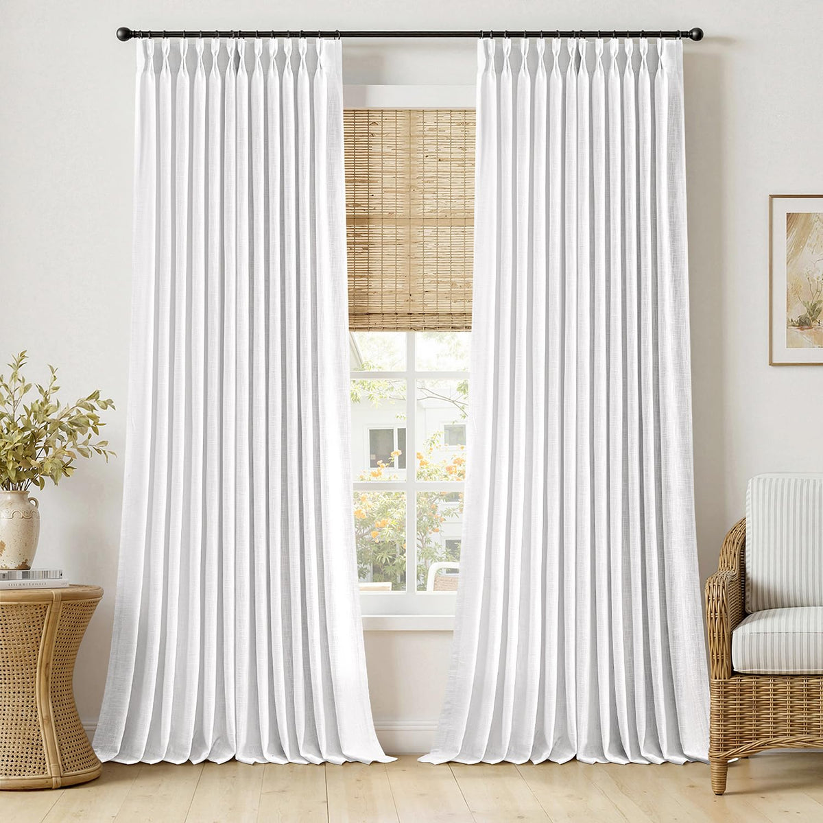 MIULEE Pinch Pleated Linen Curtains 96 Inches Long Beige White 2 Panels