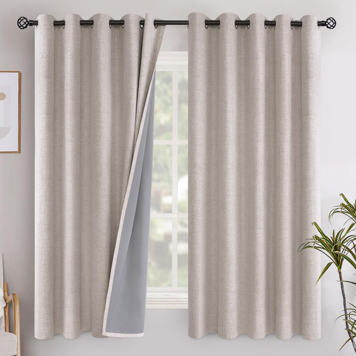 YoungsTex Linen Blackout Curtains 63 Inch Length Bedroom Beige Darkening