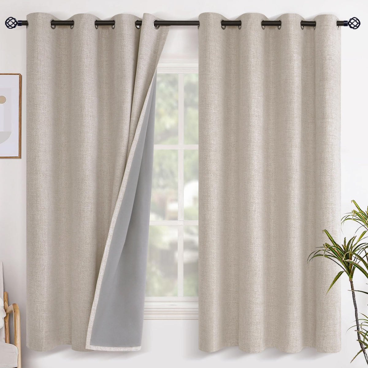 YoungsTex Linen Blackout Curtains 63 Inch Length Bedroom Beige Darkening