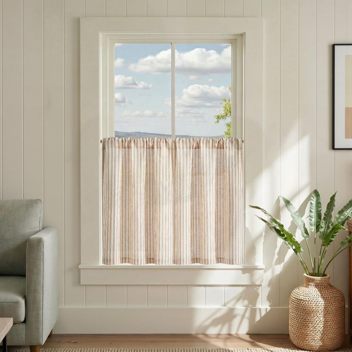 jinchan Striped Linen Kitchen Curtains 36 Inches Length Tier Curtains Farmhouse Modern Cafe Style Small Window Treatments Airy Light Filtering Rod Pocket for Living Room Bathroom 2 Panels Sage Green