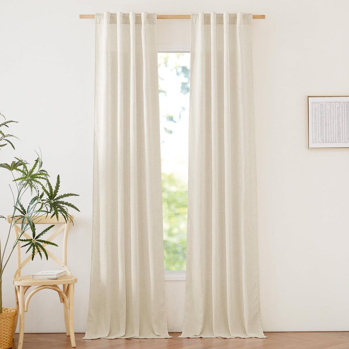 NICETOWN Flax Sheer Linen Curtains for Living Room 95 inch Long 2 Panels, Rod Pocket & Back Tab Semi Sheer Drapes Privacy Added with Light Filtering for Bedroom/Living Room, Natural, W55 x L95