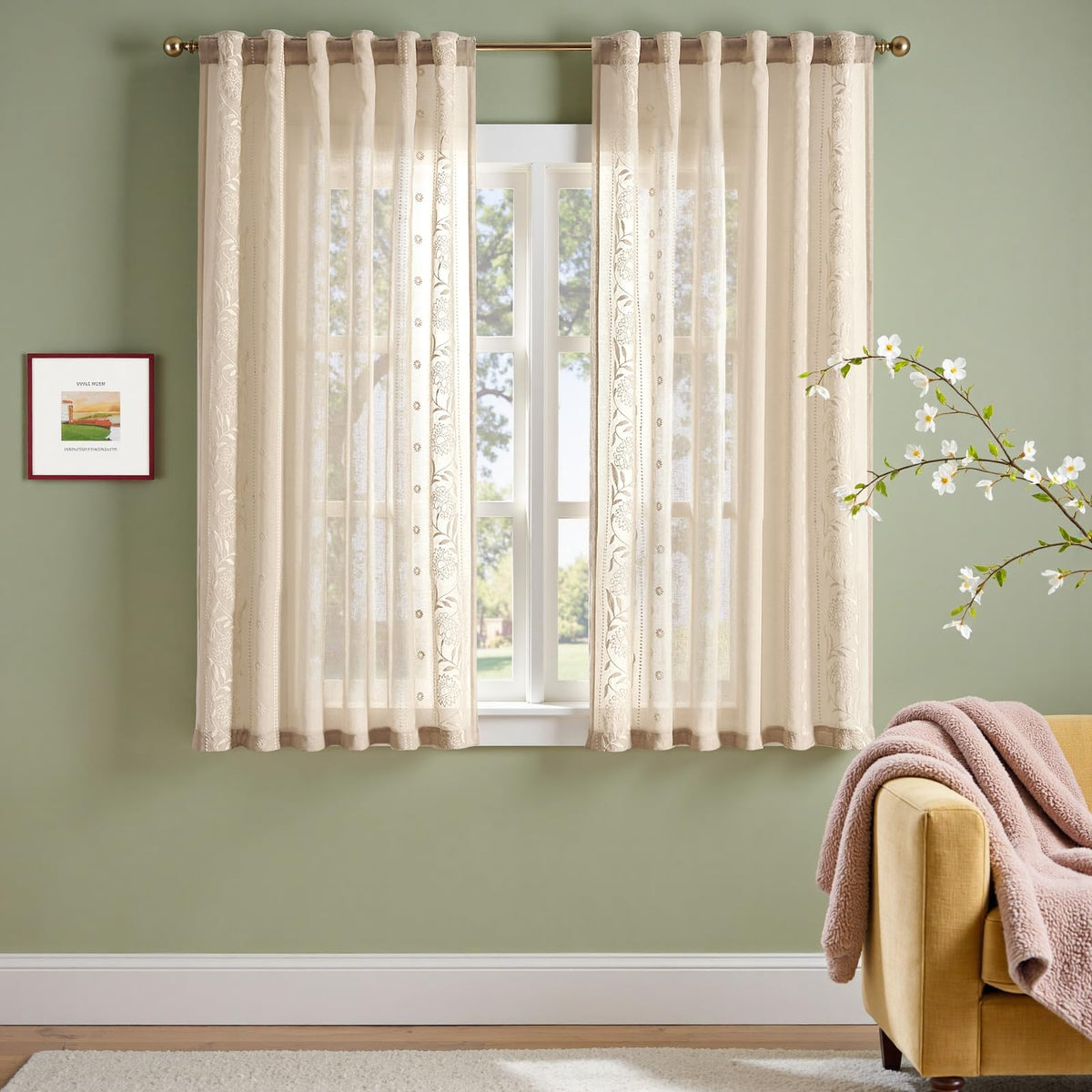 jinchan Sage Floral Linen Curtains for Living Room 84" Back Tab 2 Panels