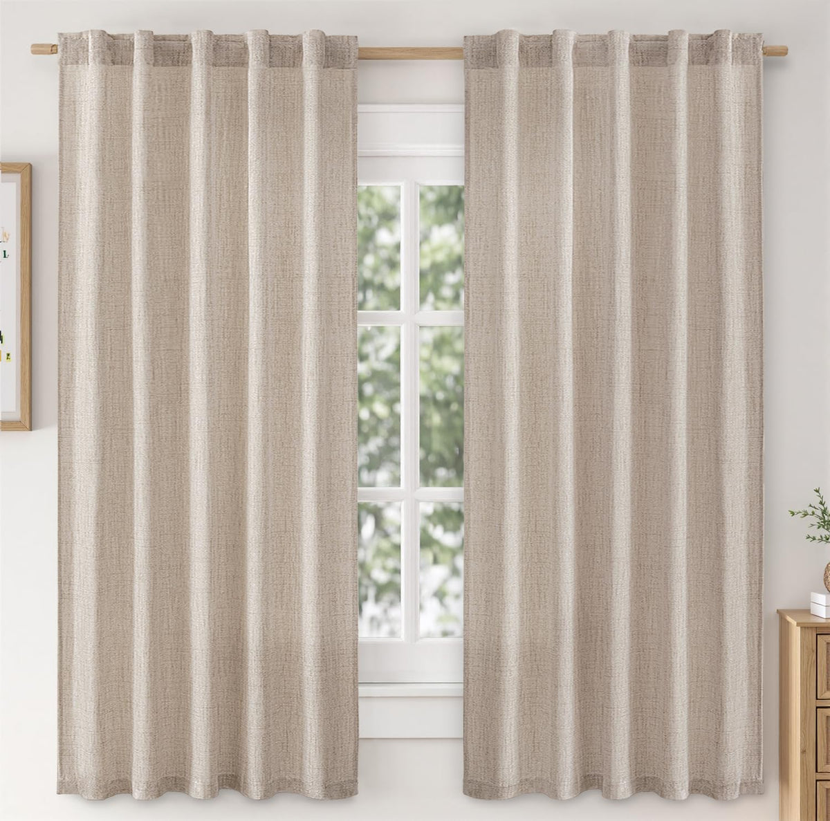 MIULEE Faux Linen Curtains 90 Inch Length 2 Panels Natural Semi Sheer Curtain with Back Tab Rod Pocket, Light Filtering Window Privacy Burlap Drapes for Living Room Bedroom 42W x 90L Linen
