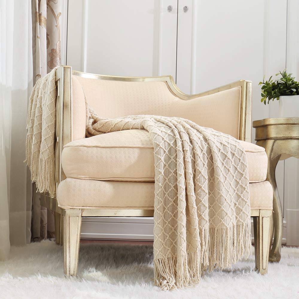 CREVENT Farmhouse Boho Knitted Throw Blanket for Couch Sofa Chair Bed Home Decoration, Soft Warm Cozy Light Weight for Spring Summer Fall (50''X60'' Sage Green)