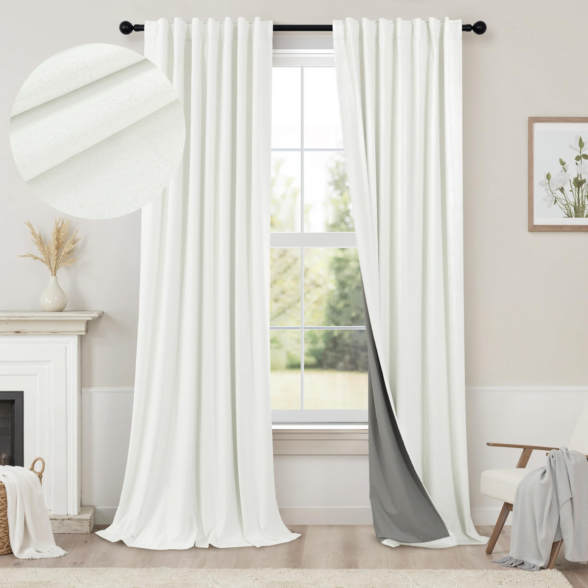 100% Blackout Curtains 84 Inch Length 2 Panels Set Neutral Boho Linen Farmhouse for Bedroom Windows Living Room Darkening Thermal Insulated Drapes Natural Cream Ivory 7ft Long Back Tab Pleated Pocket