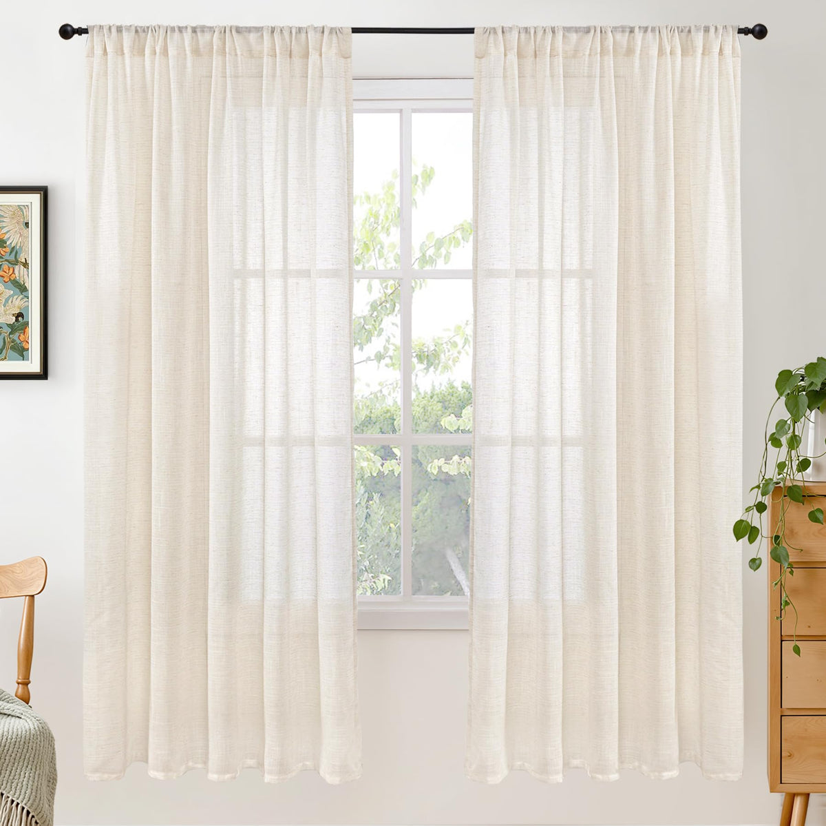 BGment Tan Linen Curtains 84 Inch Length 2 Panels Burlap Semi Sheer Drapes
