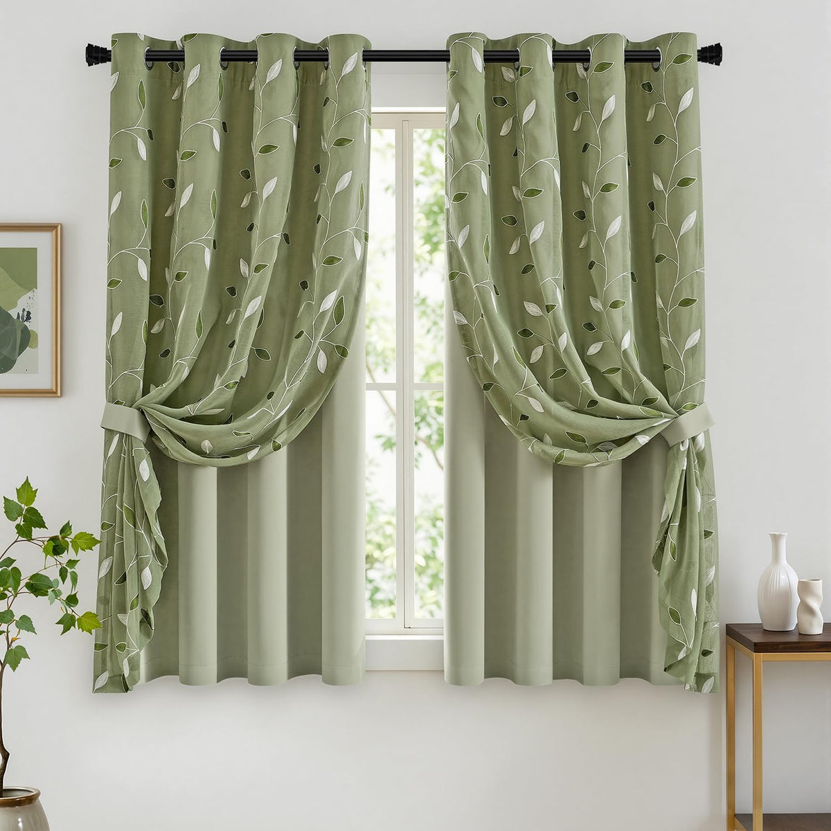 MIULEE Sage Green Double Layer Patterned Blackout Curtains 52" W x 84" L