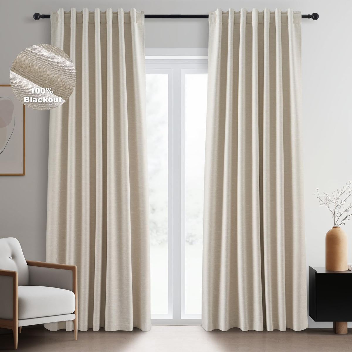 Topfinel Linen Blackout Curtains 96 Inch Long, Boho Farmhouse Ivory Birch Viral Drapes Pinch Pleated Curtains with Hooks for Living Room, Neutral 8 FT Back Tab Bedroom Curtains 52" X 96" 2 Panels