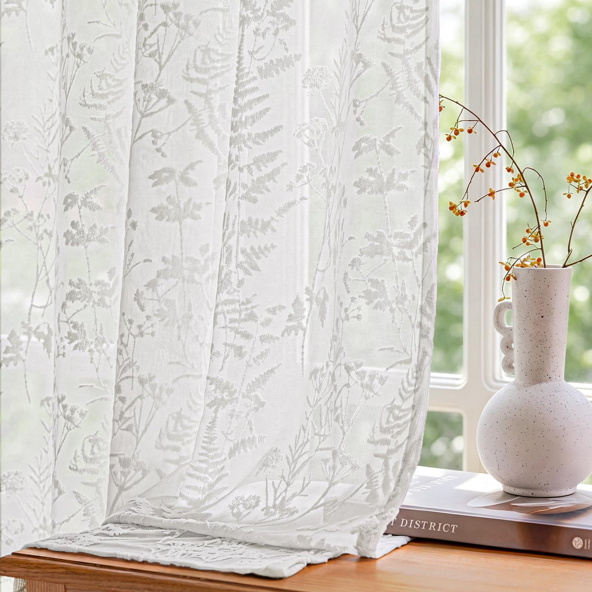 Beige 3D Floral Semi Sheer Curtains, 52W x 84L, 2 Panels