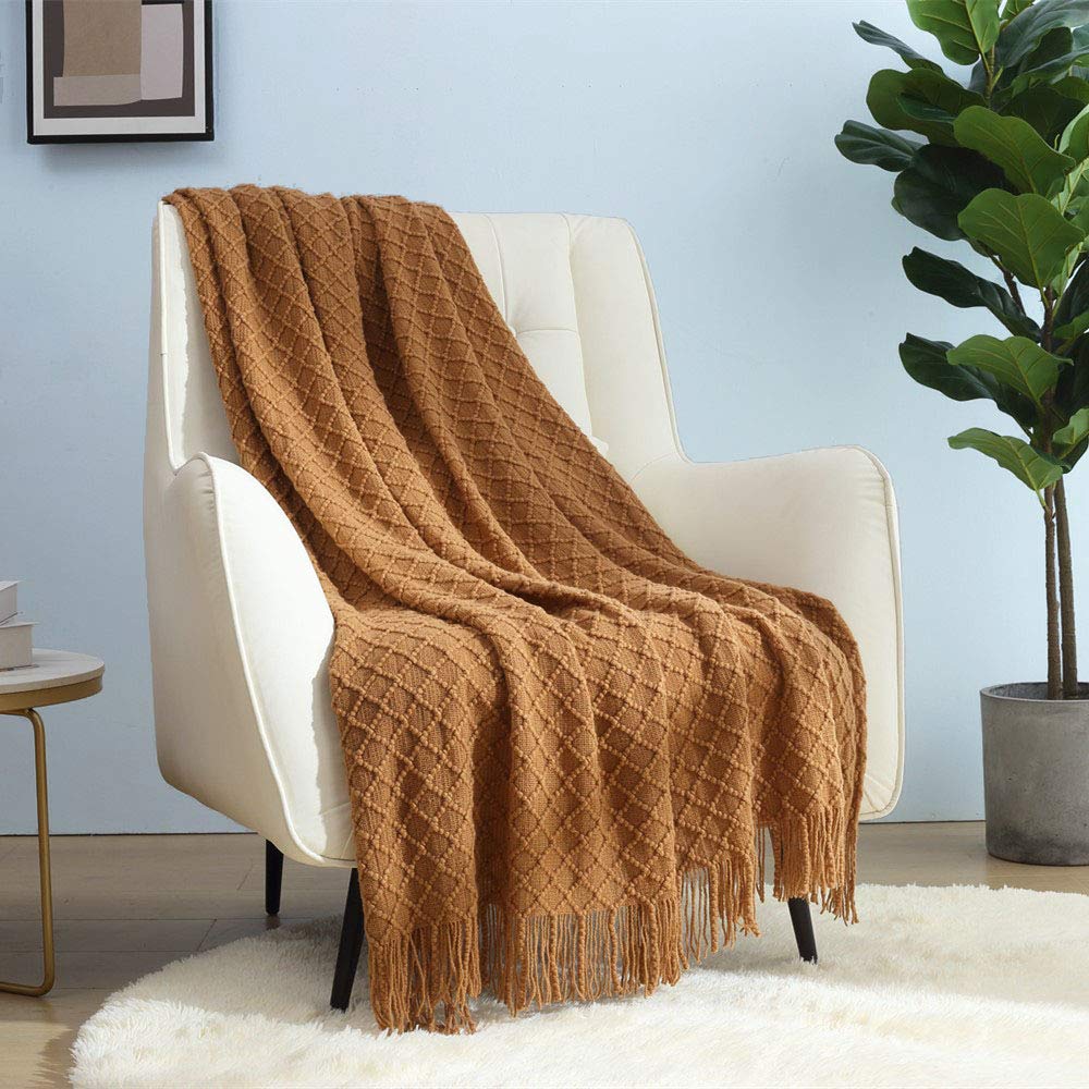 CREVENT Farmhouse Boho Knitted Throw Blanket for Couch Sofa Chair Bed Home Decoration, Soft Warm Cozy Light Weight for Spring Summer Fall (50''X60'' Sage Green)