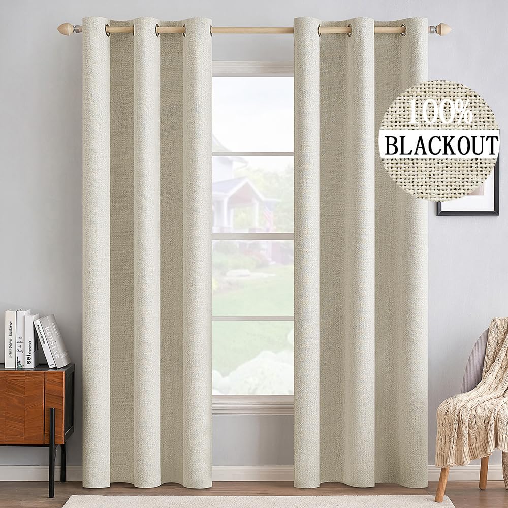 MIULEE 100% Blackout Linen Curtains for Bedroom 52x84 Inches Dusty Blue
