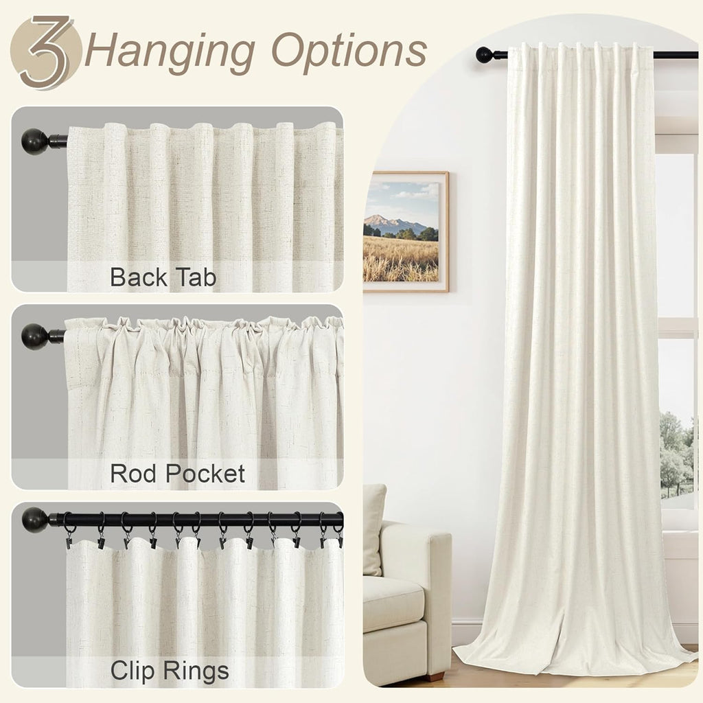 100% Blackout Curtains 84 Inch Length 2 Panels Set Neutral Boho Linen Farmhouse for Bedroom Windows Living Room Darkening Thermal Insulated Drapes Natural Cream Ivory 7ft Long Back Tab Pleated Pocket