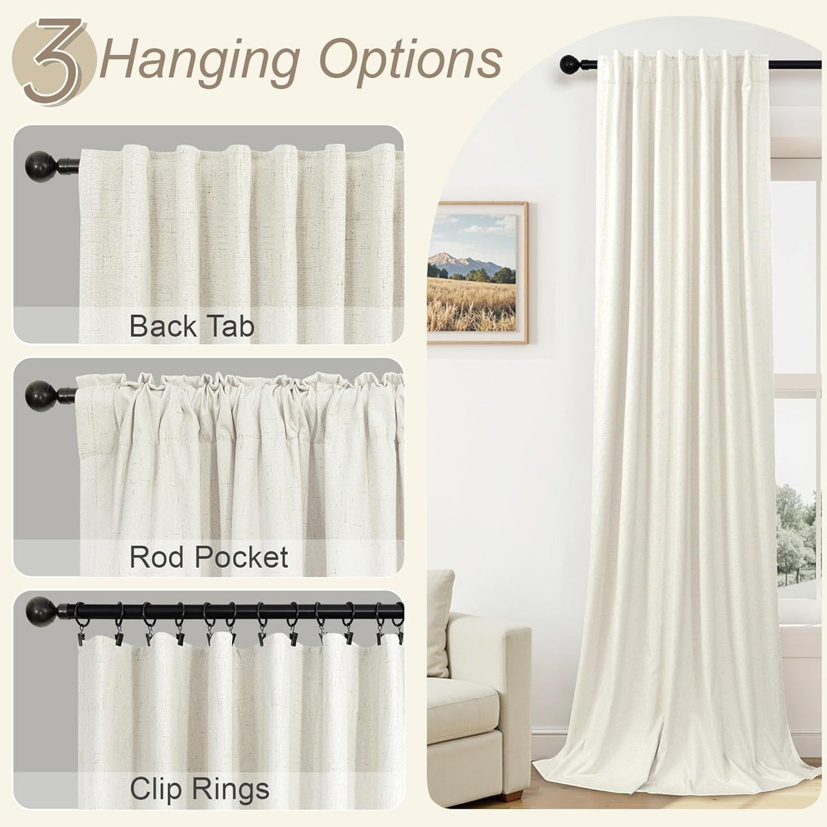 100% Blackout Curtains 84 Inch Length 2 Panels Set Neutral Boho Linen Farmhouse for Bedroom Windows Living Room Darkening Thermal Insulated Drapes Natural Cream Ivory 7ft Long Back Tab Pleated Pocket