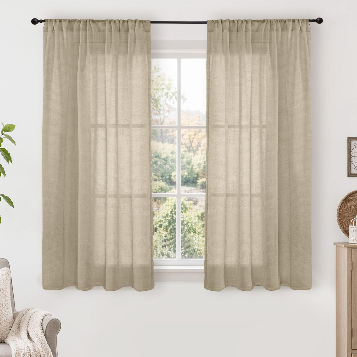BGment Tan Linen Curtains 84 Inch Length 2 Panels Burlap Semi Sheer Drapes