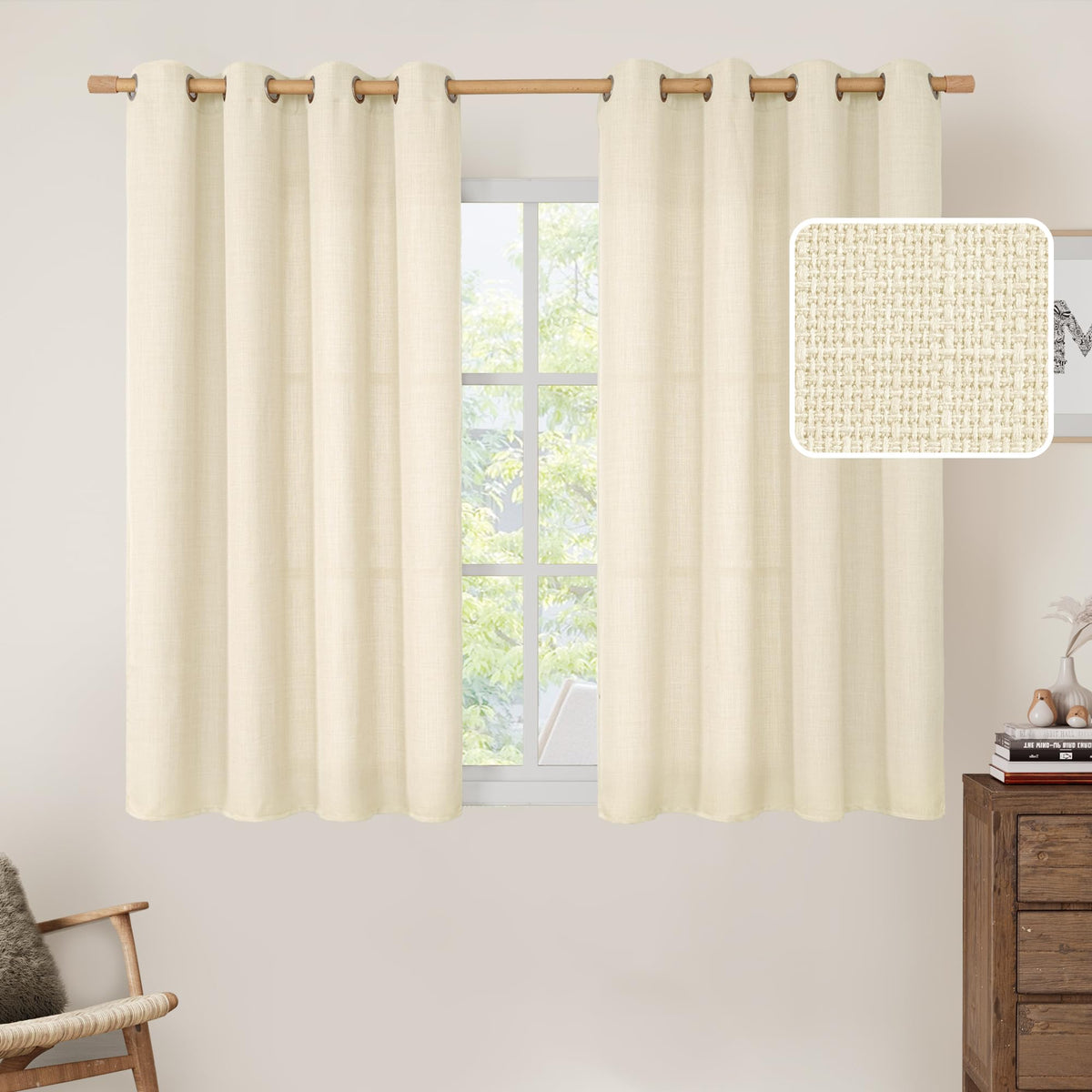 LAMIT Cream Ivory Linen Semi Sheer Curtains 84 inch Length for Bedroom