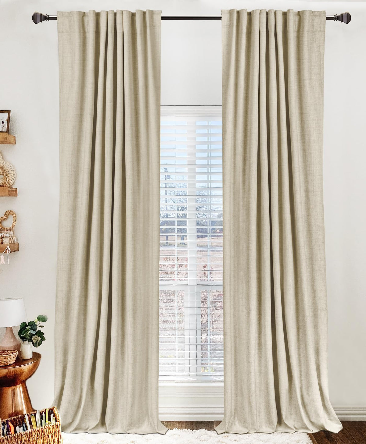 Linen Total Blackout Curtains for Bedroom Living Room 84 Inch, Cream