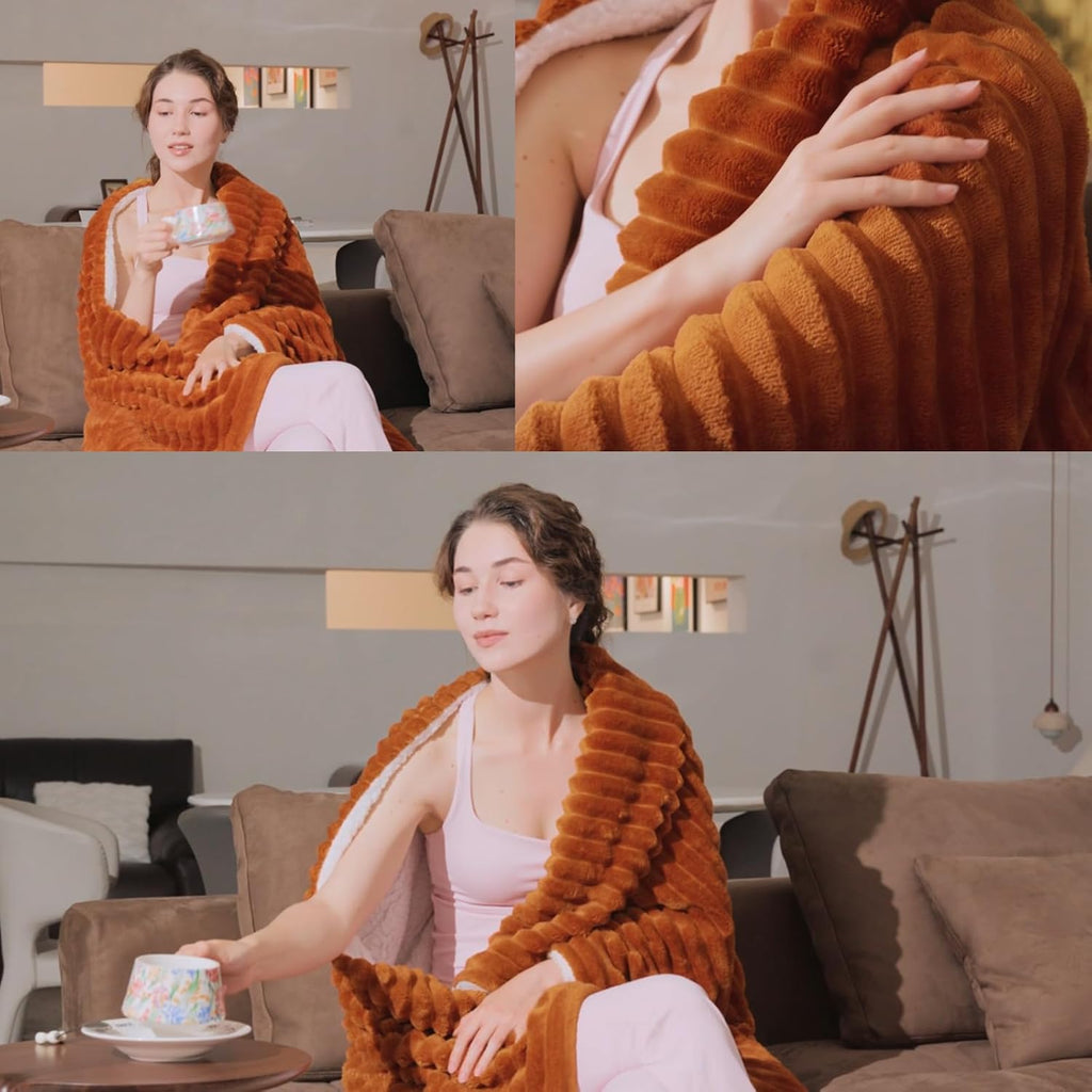 Burnt Orange Sherpa Fleece Throw Blanket 50”×60”Double-sided for Couch