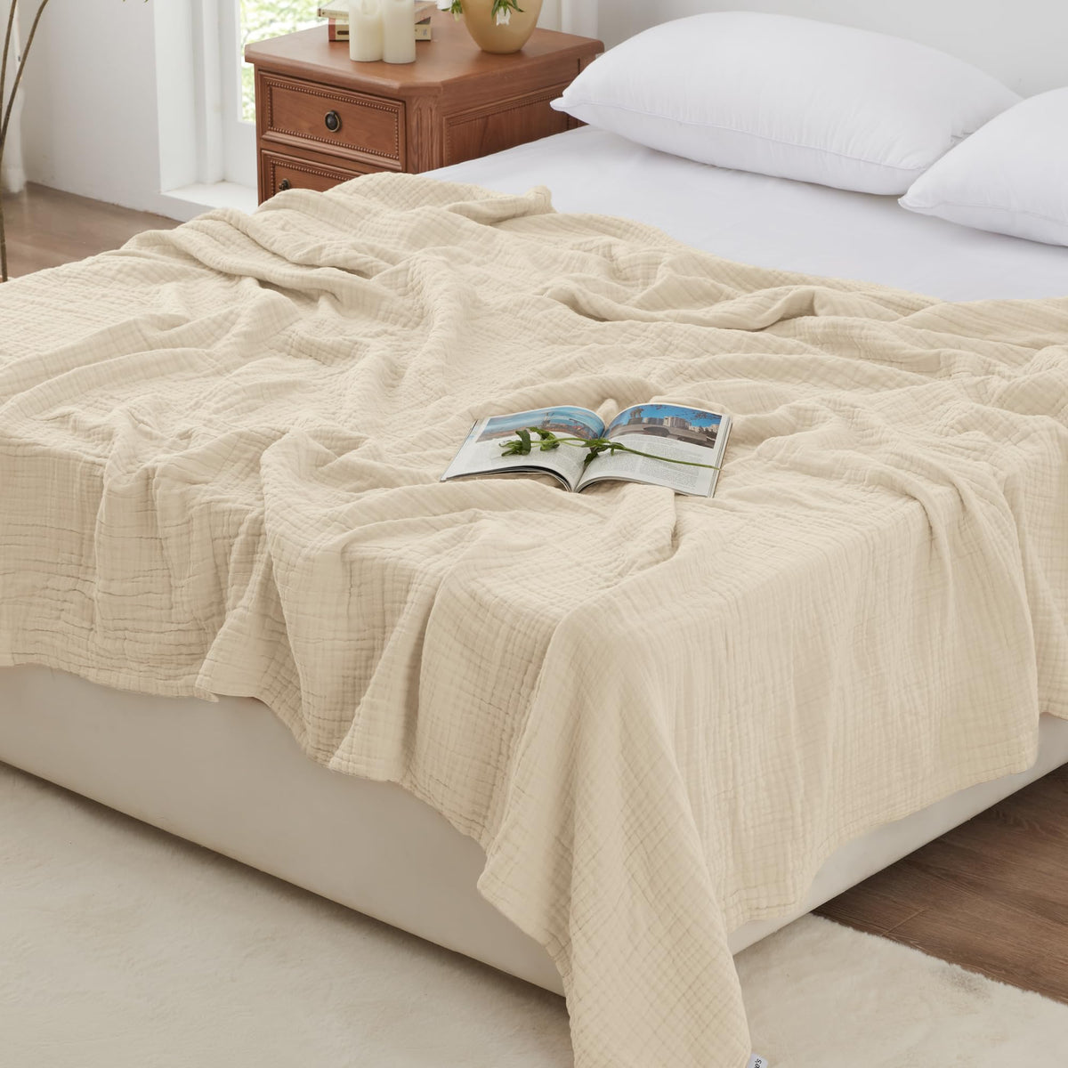 Love's cabin 100% Cotton Muslin Blanket, 6 Layer Lightweight Breathable Gauze Throw Blanket 50 x 60 Inches, Soft All Season Blanket for Couch, Bed, Sofa, Beige