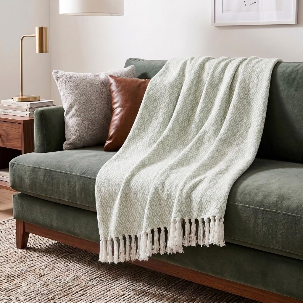 Americanflat 50x60 Throw Blanket - Soft and Breathable Cotton Throw Blanket for Couch, Bed, Chair - Decorative Blankets Perfect for Home, Office, or Outdoor Use - Cream Herringbone Design