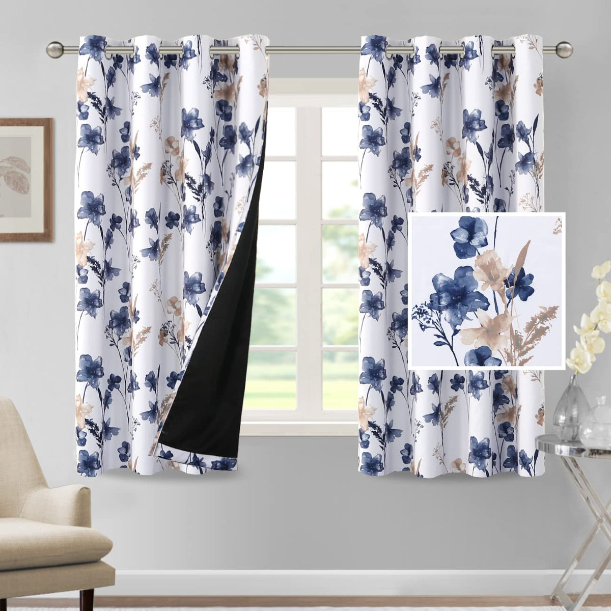 H.VERSAILTEX 100% Blackout Curtains 84 inch Length 2 Panels Set Cattleya Floral Printed Drapes Leah Floral Thermal Curtains for Bedroom with Black Liner Sound Proof Curtains, Grey and Taupe