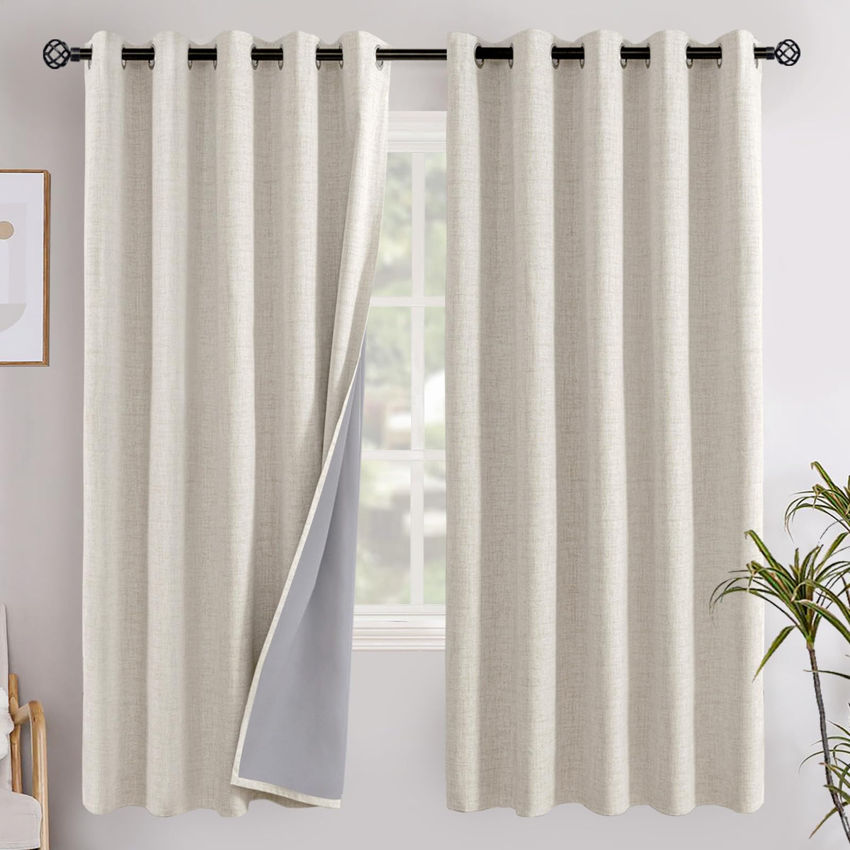 YoungsTex Linen Blackout Curtains 63 Inch Length Bedroom Beige Darkening