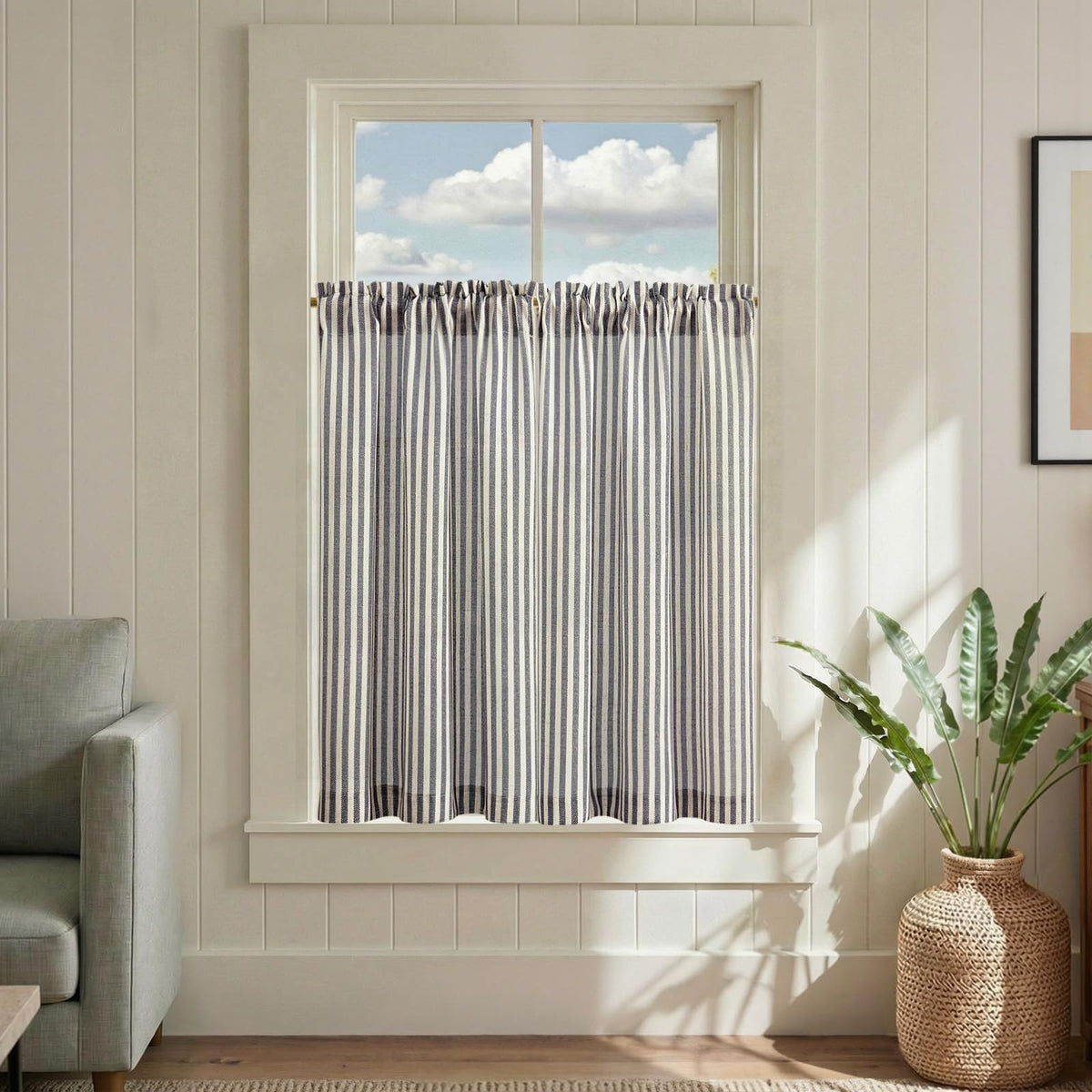 jinchan Striped Linen Kitchen Curtains 36 Inches Length Tier Curtains Farmhouse Modern Cafe Style Small Window Treatments Airy Light Filtering Rod Pocket for Living Room Bathroom 2 Panels Sage Green