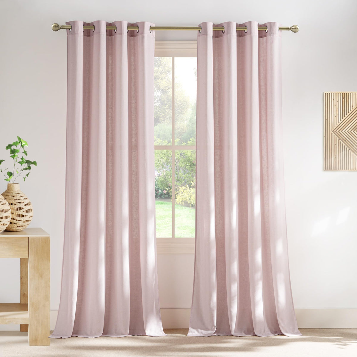 NICETOWN Natural Linen Curtains 84 inch Long 2 Panels Set, Grommet Top Thick Linen Burlap Semi Sheer Vertical Drapes Privacy Assured with Light Filtering for Bedroom/Living Room, W55 x L84