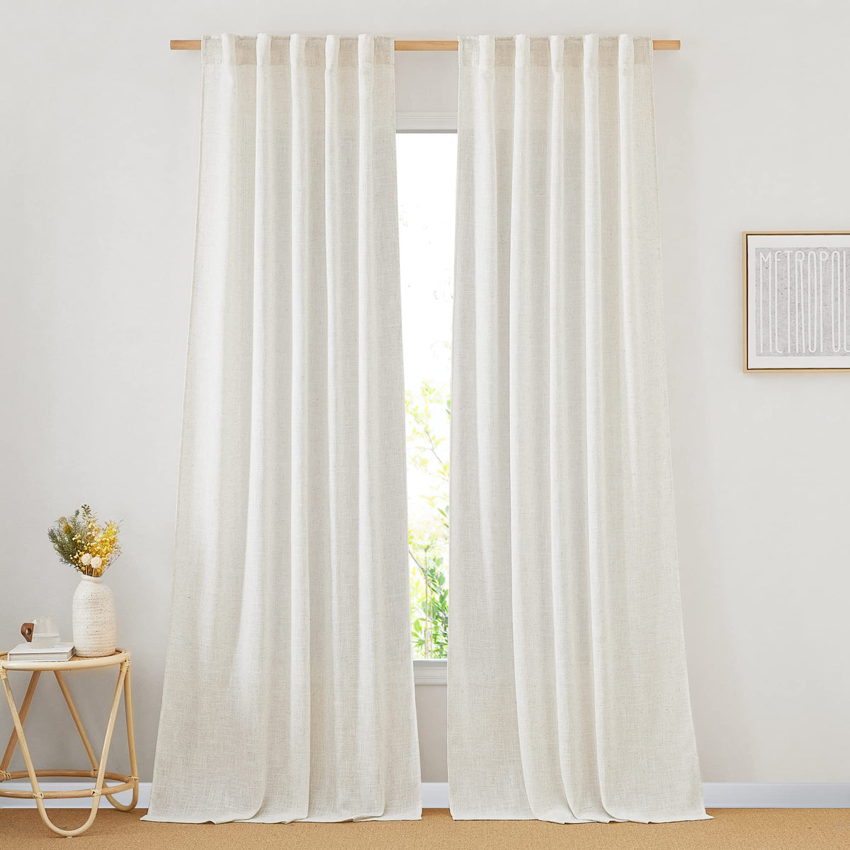 NICETOWN White Linen Sheer Curtains and Drapes 84 inches Long, Rod Pocket & Back Tab semitransparent with Light Through Vertical Window Treatments for Sliding Glass Door & Living Room, 52"W, Set of 2
