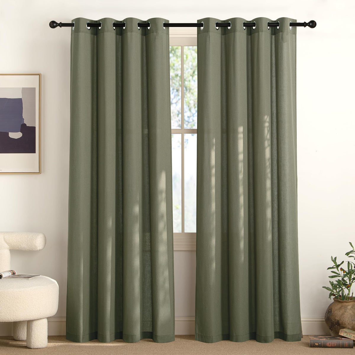 NICETOWN Natural Linen Curtains 84 inch Long 2 Panels Set, Grommet Top Thick Linen Burlap Semi Sheer Vertical Drapes Privacy Assured with Light Filtering for Bedroom/Living Room, W55 x L84