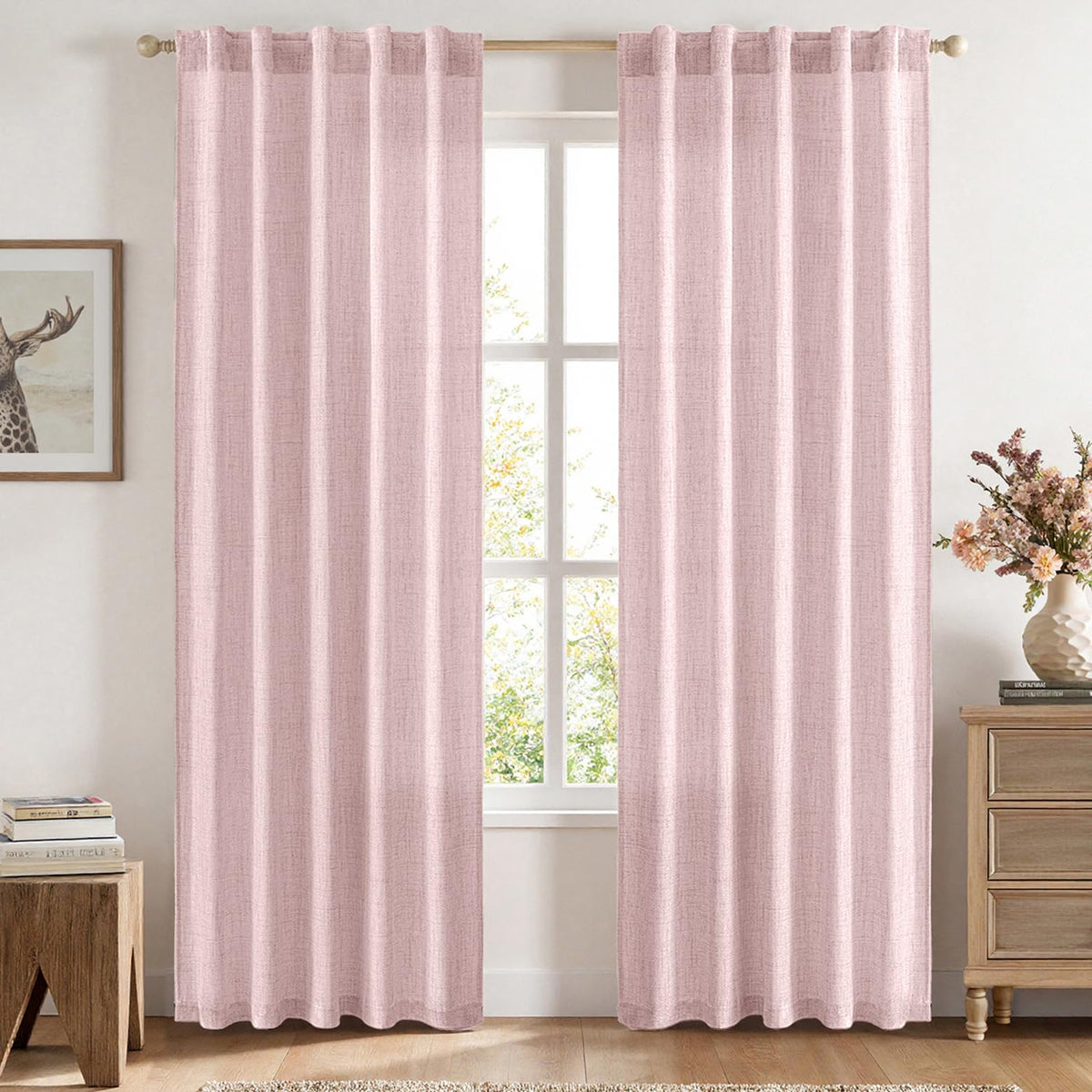 MIULEE Faux Linen Curtains 90 Inch Length 2 Panels Natural Semi Sheer Curtain with Back Tab Rod Pocket, Light Filtering Window Privacy Burlap Drapes for Living Room Bedroom 42W x 90L Linen